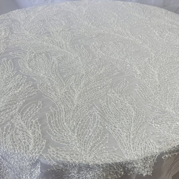 silver feather tablecloth (1) Silver Feather Embroidered Tulle Tablecloth for Modern Wedding – ER069