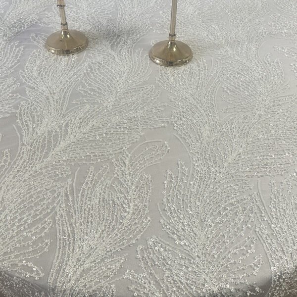 silver feather tablecloth (2) Silver Feather Embroidered Tulle Tablecloth for Modern Wedding – ER069