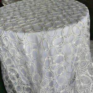 Silver Sequin Geometric Oval Embroidered Tulle Tablecloth – ER029