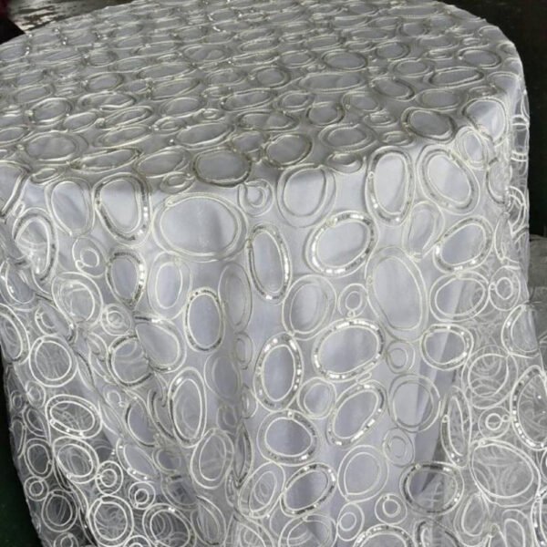 Silver Sequin Geometric Oval Embroidered Tulle Tablecloth – ER029