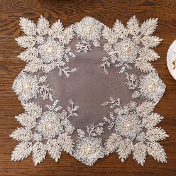 RED MAPLE Beaded Embroidered Lace Table Topper, Square Mesh Floral Cover with Handmade Pearl Beads, Decorative Dust Cover for Coffee Table, Nightstand, Dresser