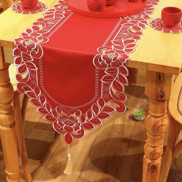 TABLE RUNNER (2) Red Embroidered Cutwork Table Runner