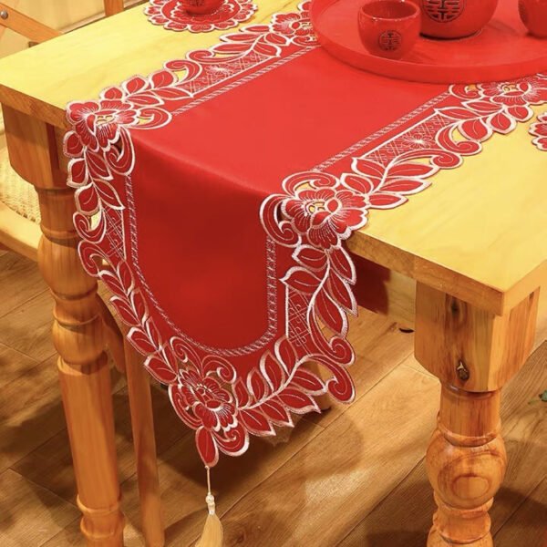 TABLE RUNNER (3) Red Embroidered Cutwork Table Runner