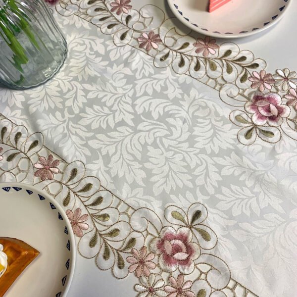 Pink Floral Embroidered Table Runner