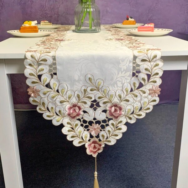 Pink Floral Embroidered Table Runner