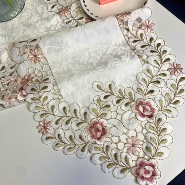 Pink Floral Embroidered Table Runner
